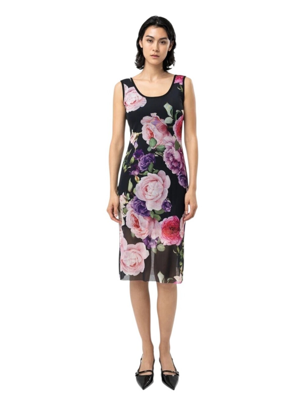 Nadya Toto Womens Sheer Black Romantic Floral Print Mesh Amore Dress Medium